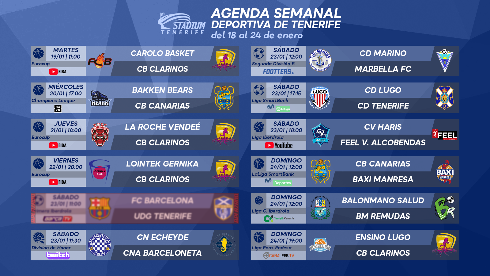 Agenda Semanal Deportiva de Tenerife (18 al 24 de enero)