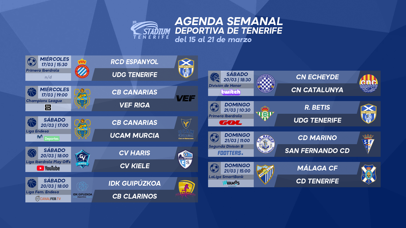 Agenda Semanal Deportiva de Tenerife (15 al 21 de marzo)
