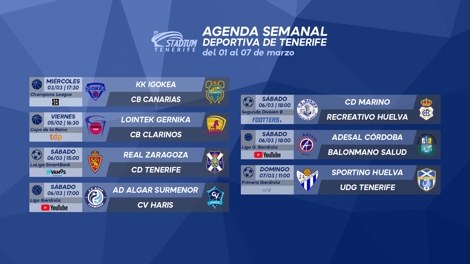 Agenda Semanal Deportiva de Tenerife (1 al 7 de marzo)