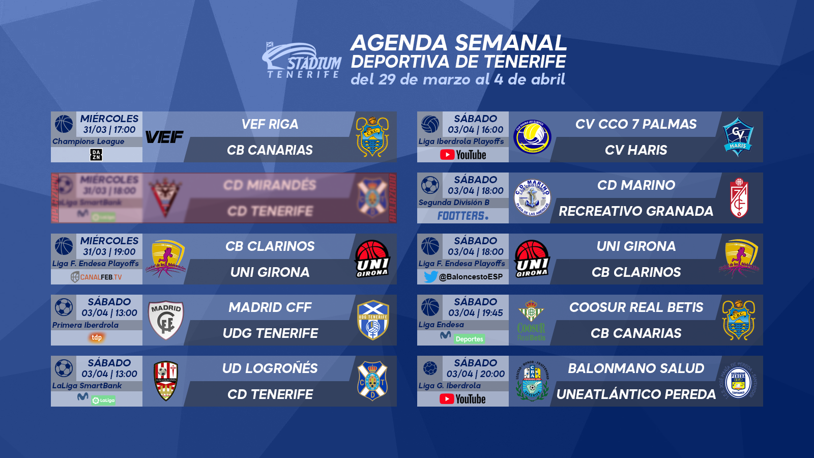 Agenda Semanal Deportiva de Tenerife (29 de marzo al 4 de abril)