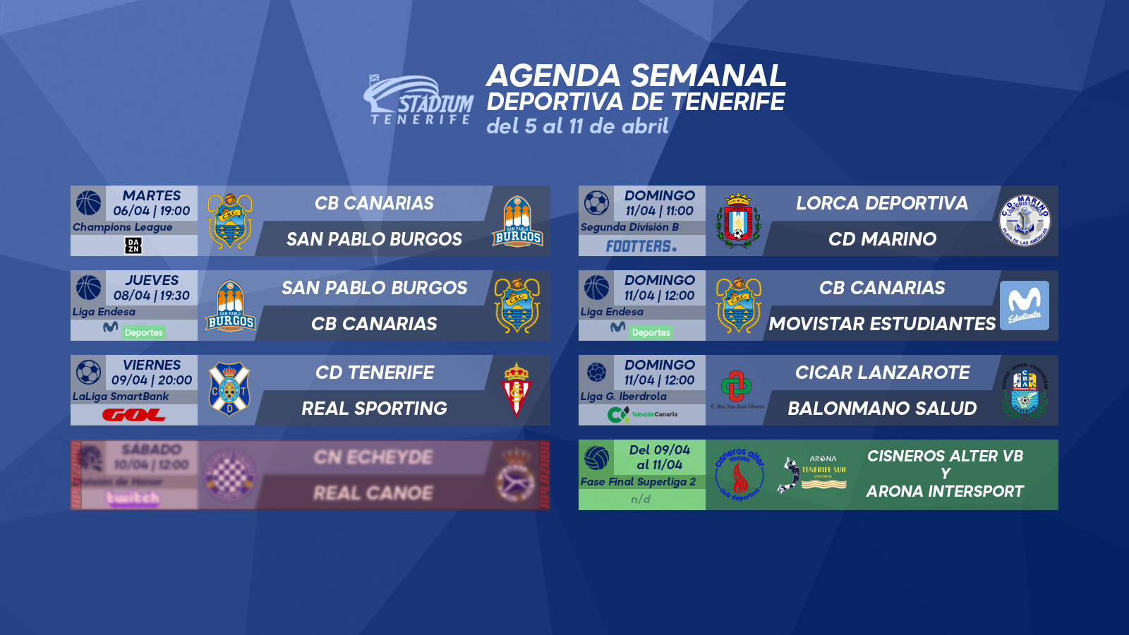 Agenda Semanal Deportiva de Tenerife (5 al 11 de abril)