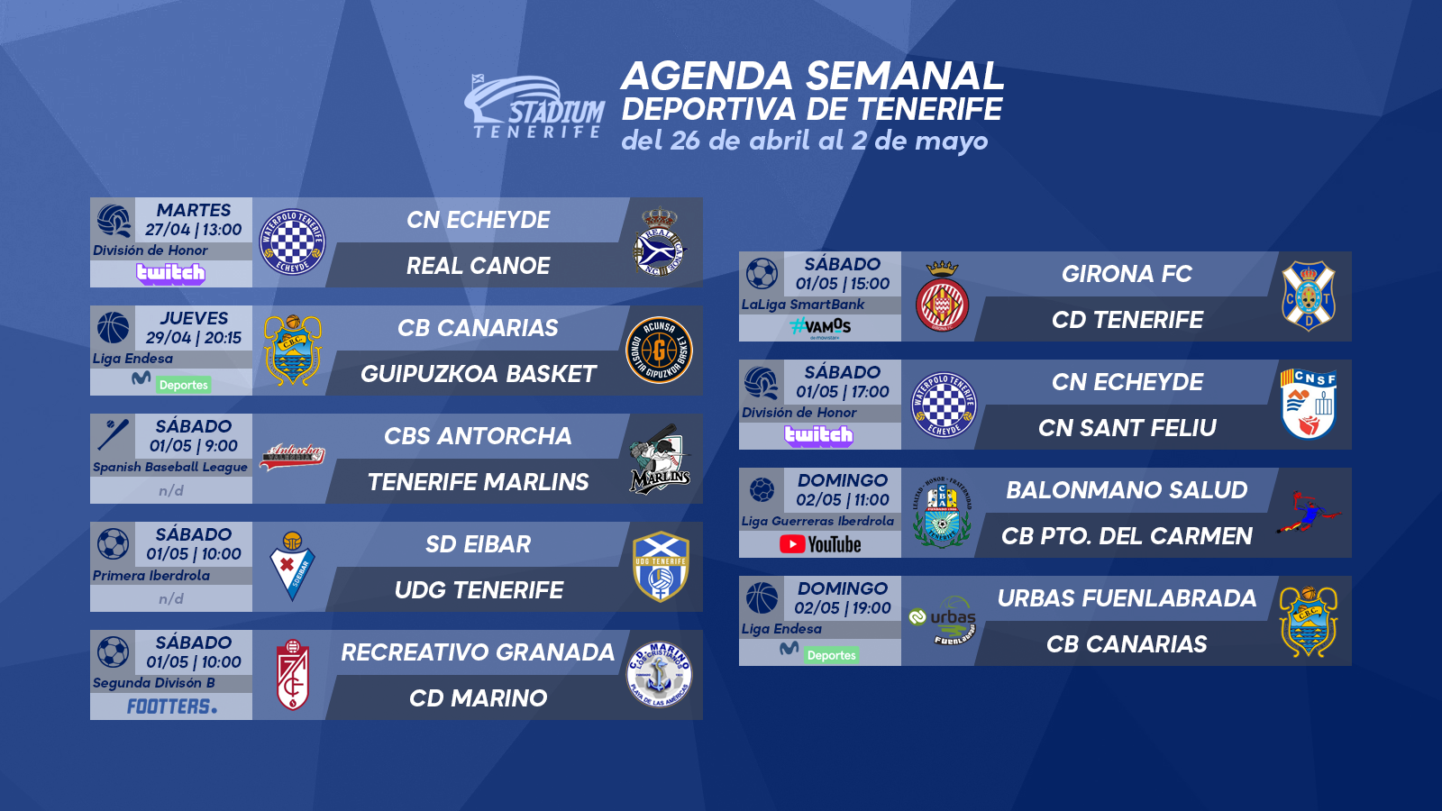 Agenda Semanal Deportiva de Tenerife (26 de abril al 2 de abril)
