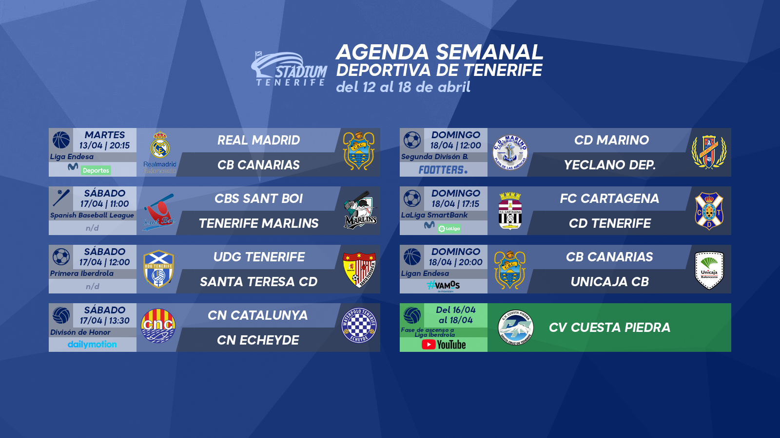 Agenda Semanal Deportiva de Tenerife (12 al 18 de abril)
