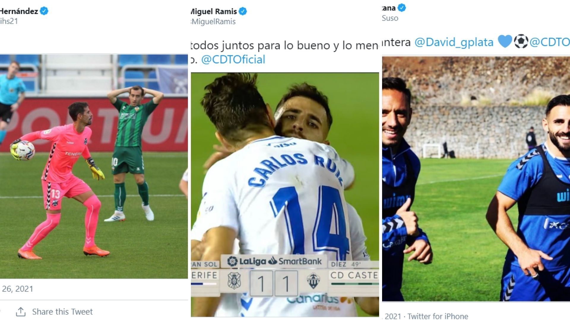 Los mejores post en las redes de los jugadores del CD Tenerife tras el empate ante el Castellón