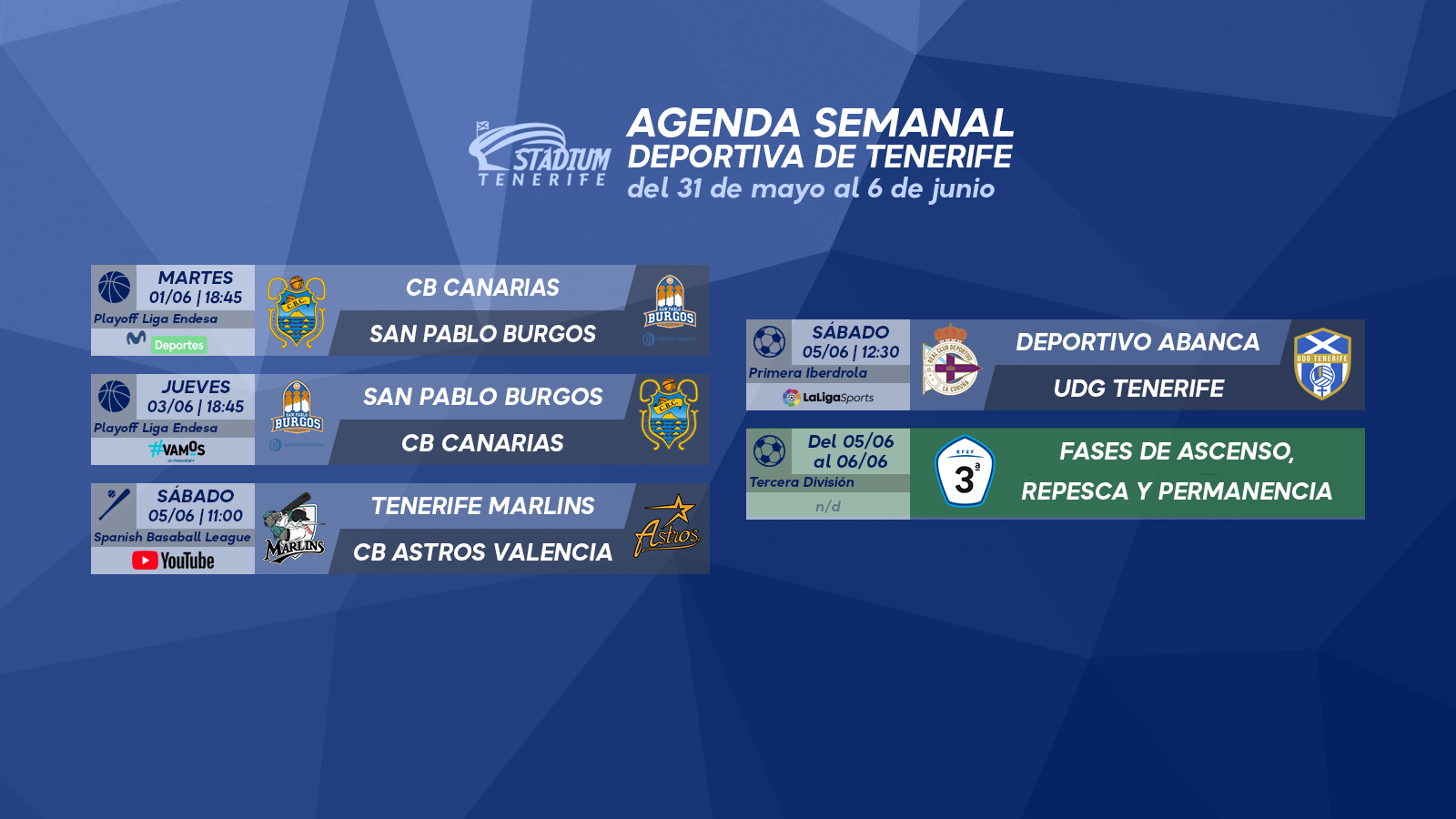 Agenda Semanal Deportiva de Tenerife (31 de mayo al 6 de junio)
