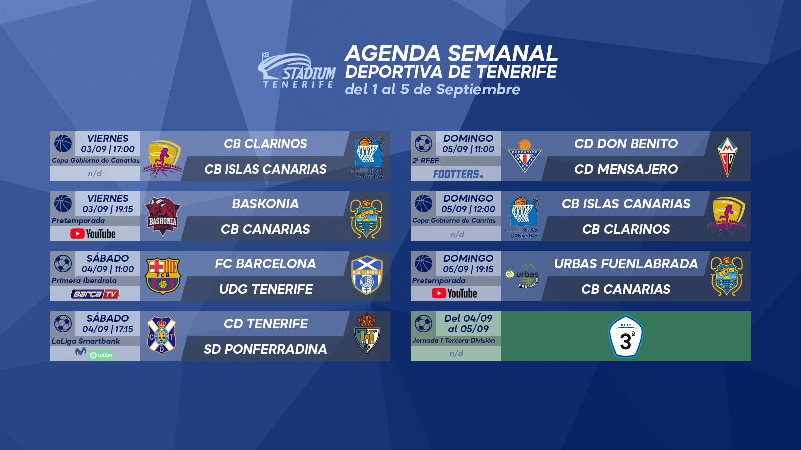 Agenda Semanal Deportiva de Tenerife (1 al 5 de septiembre de 2021)