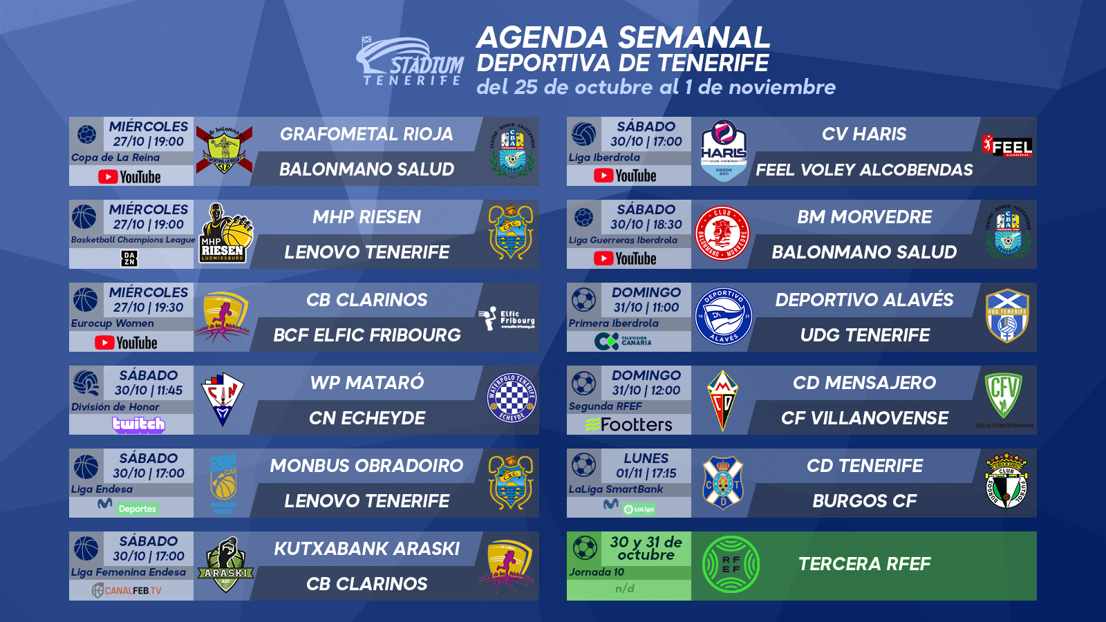 Agenda Semanal Deportiva de Tenerife (25 de octubre al 1 de noviembre de 2021)