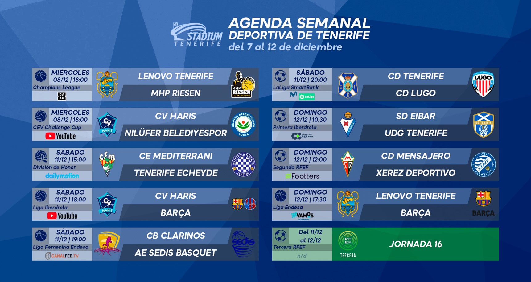 Agenda Semanal Deportiva de Tenerife (7 al 12 de diciembre)