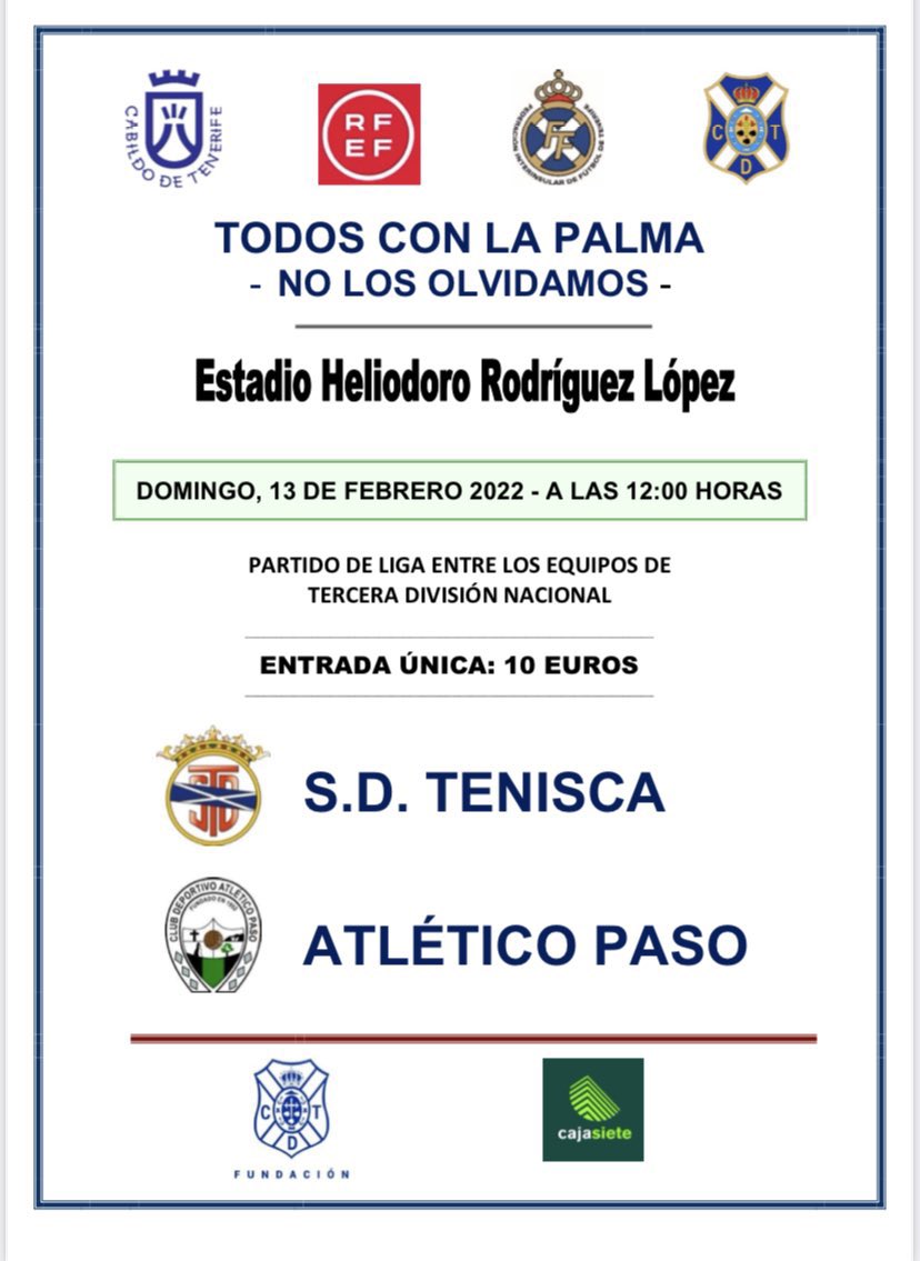 El Tenisca - Atl. Paso, de Tercera RFEF, se jugará el 13 de febrero en el Rodríguez López