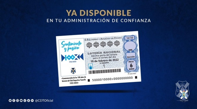 El próximo sábado, el Centenario del CD Tenerife en el sorteo de la Lotería Nacional