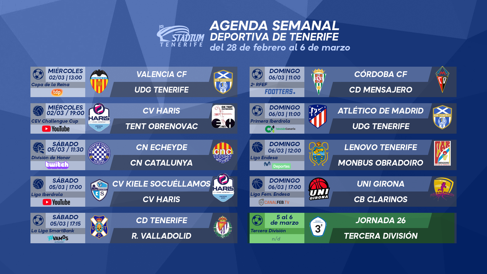 Agenda Semanal Deportiva de Tenerife (28 de febrero al 6 de marzo)