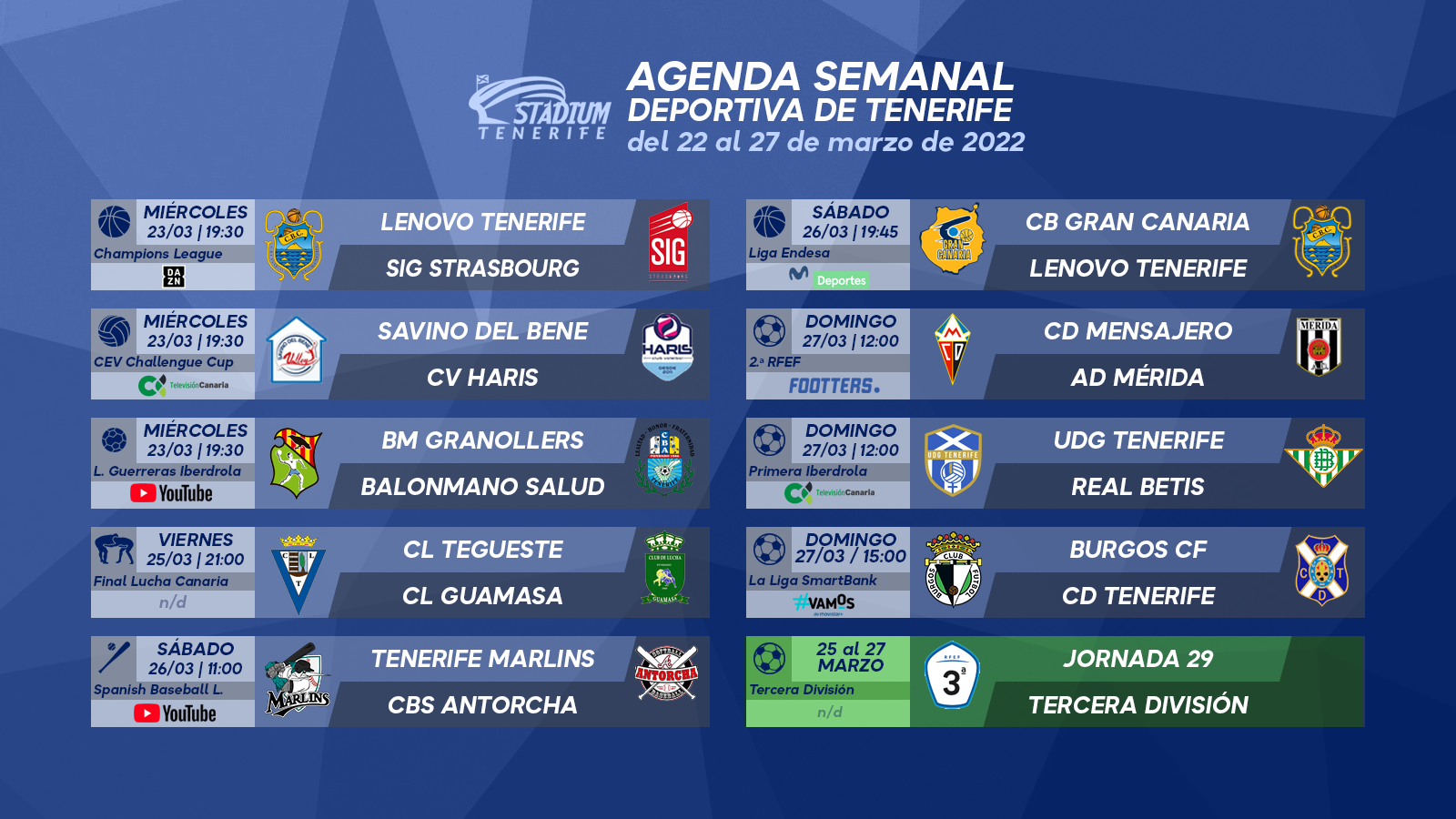 Agenda Semanal Deportiva de Tenerife (22 al 27 de marzo)