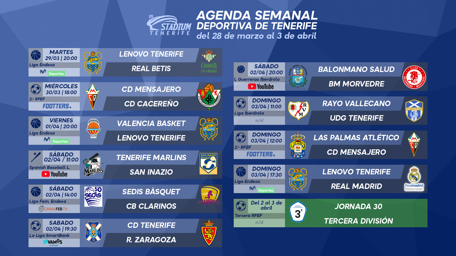 Agenda Semanal Deportiva de Tenerife (28 de marzo al 3 de abril)