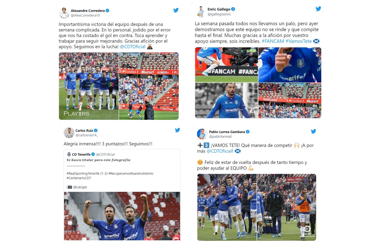 Las mejores reacciones en las redes sociales de los futbolistas del Tenerife en el triunfo ante el Sporting