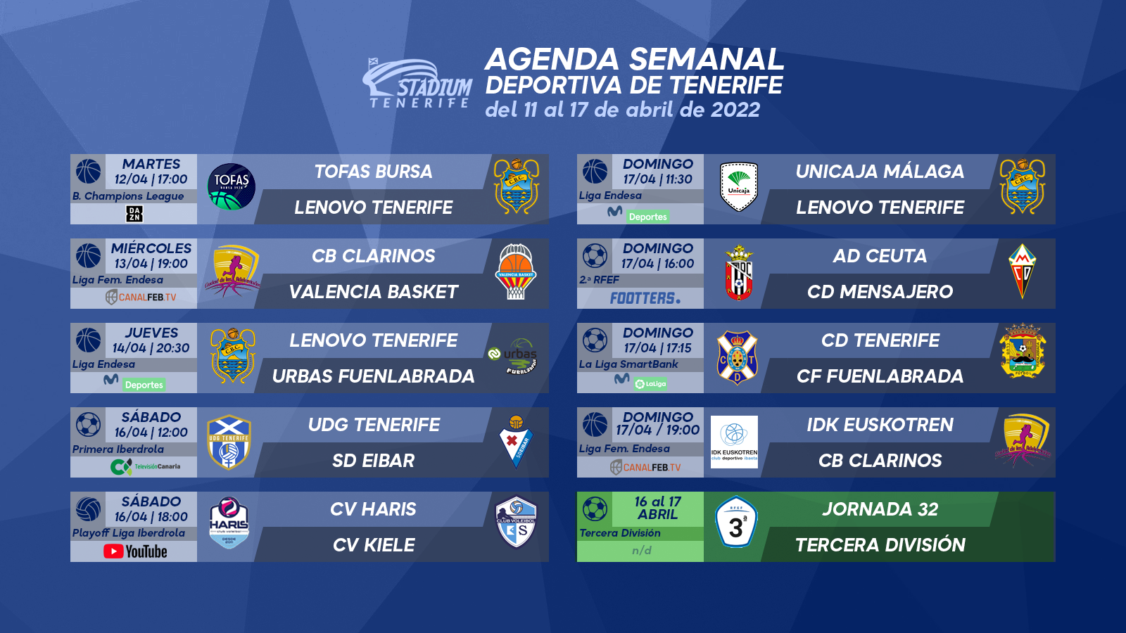Agenda Semanal Deportiva de Tenerife (11 al 17 de abril)