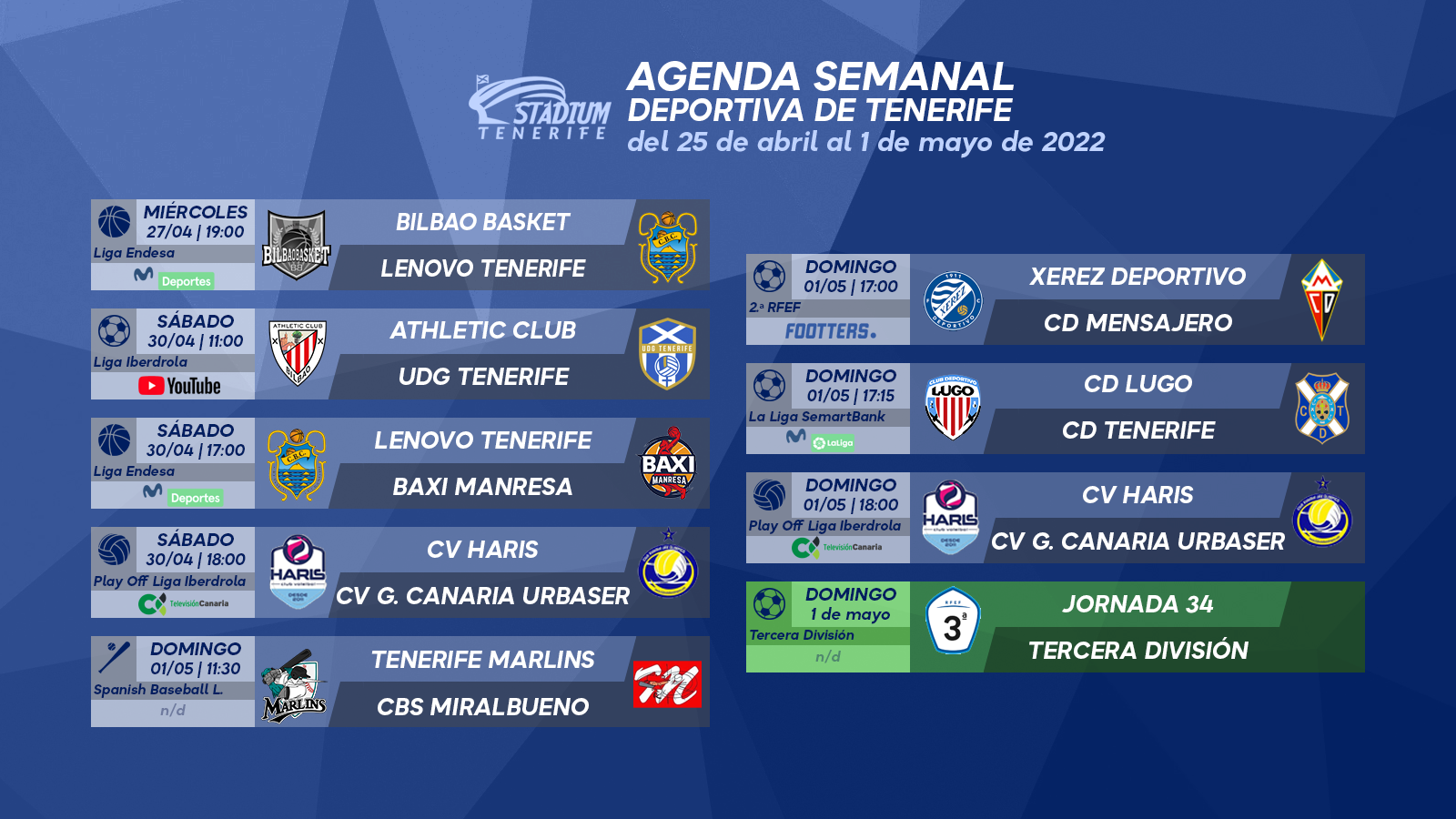 Agenda Semanal Deportiva de Tenerife (25 de abril al 1 de mayo)