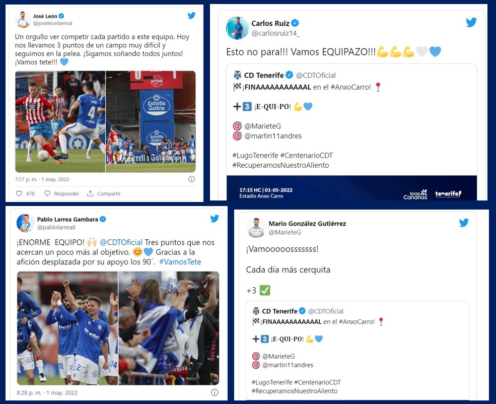 Las mejores reacciones en las redes sociales de los futbolistas del Tenerife en el triunfo en Lugo