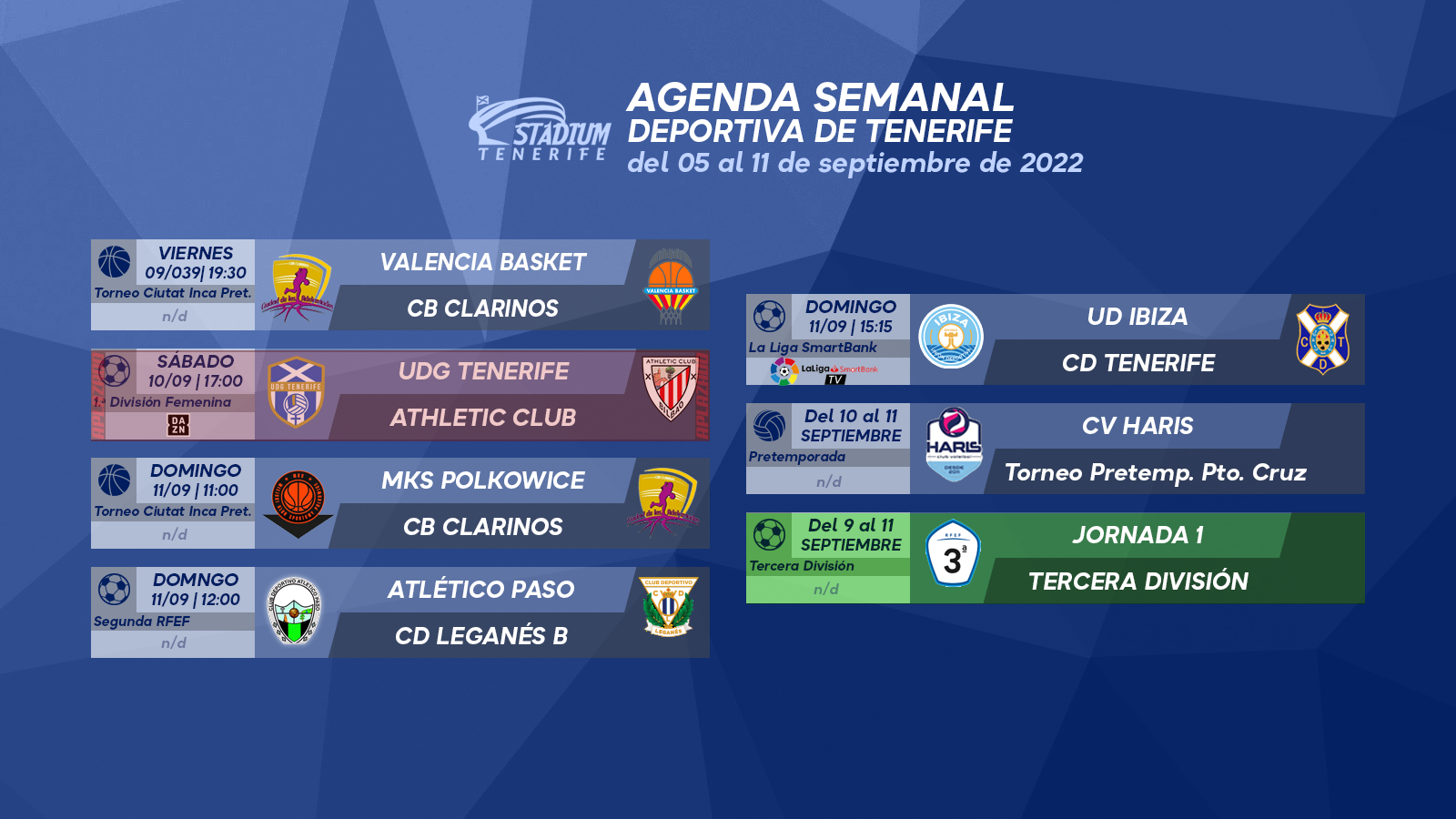 Agenda Semanal Deportiva de Tenerife (5 al 11 de septiembre de 2022)
