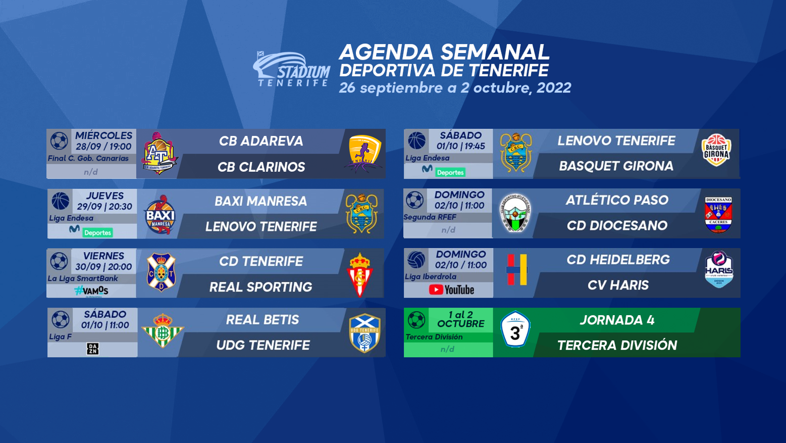 Agenda Semanal Deportiva de Tenerife (26 de septiembre de 2022 al 2 de octubre)