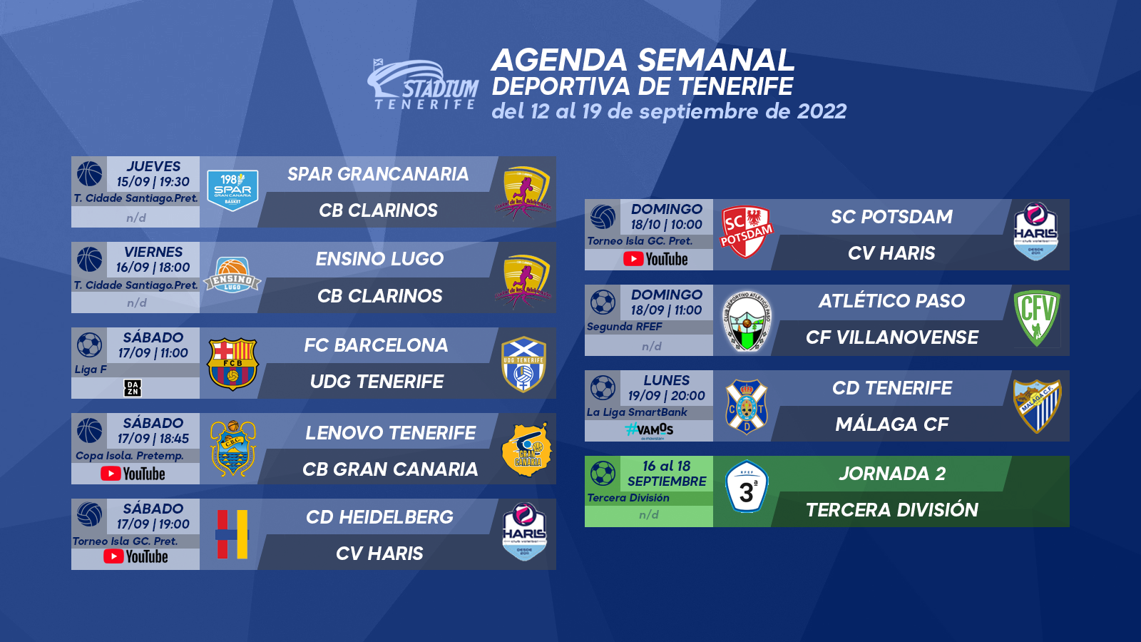 Agenda Semanal Deportiva de Tenerife (12 al 19 de septiembre de 2022)