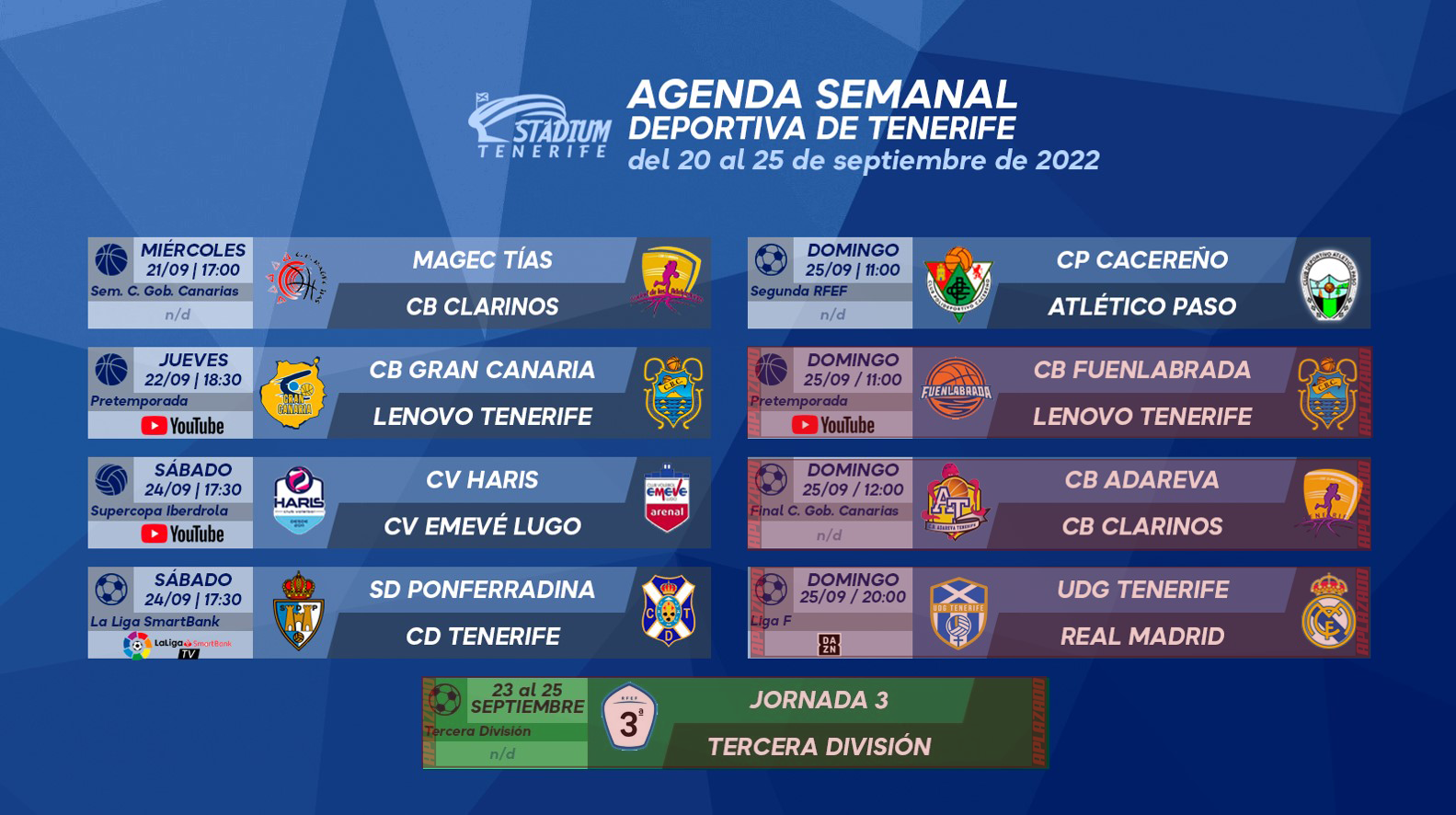 Agenda Semanal Deportiva de Tenerife (20 al 25 de septiembre de 2022)