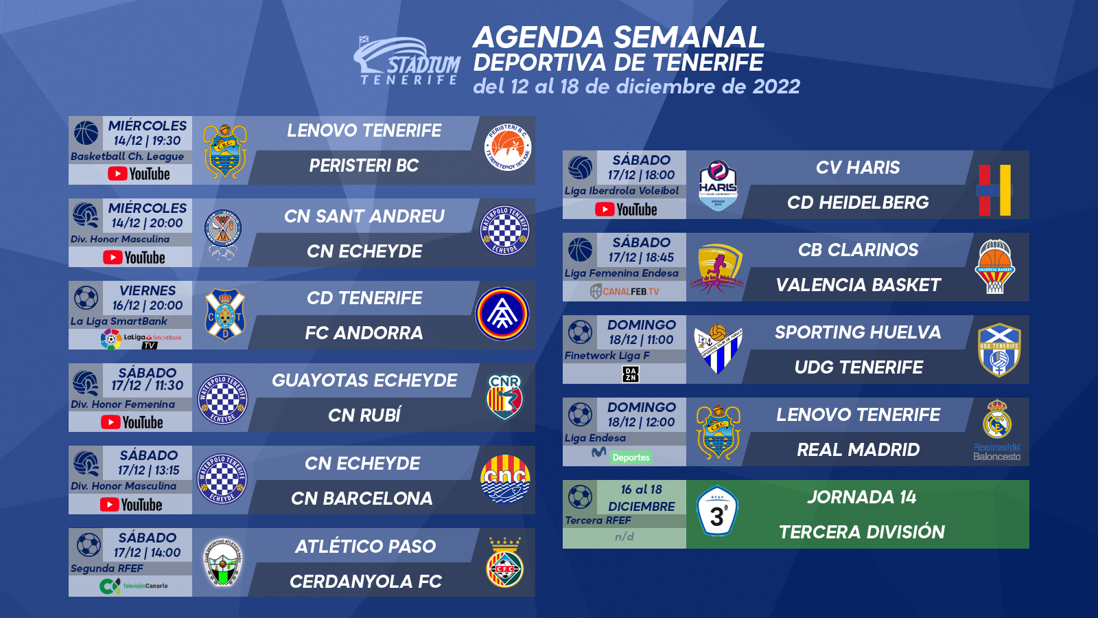 Agenda Semanal Deportiva de Tenerife (12 al 18 de diciembre)