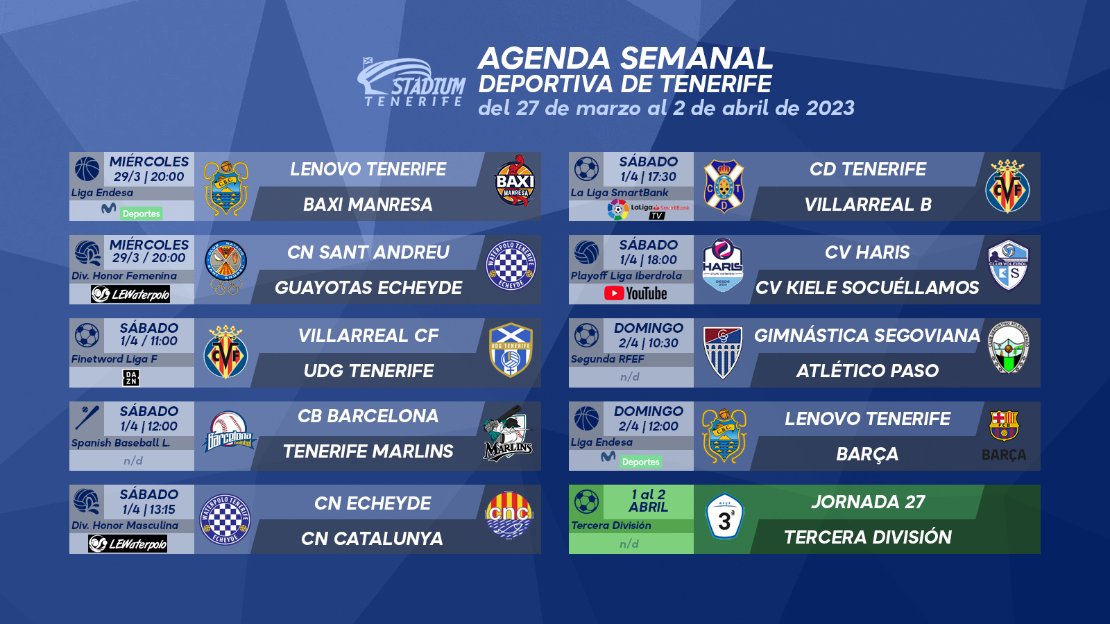 Agenda Semanal Deportiva de Tenerife (27 de marzo al 2 de abril)