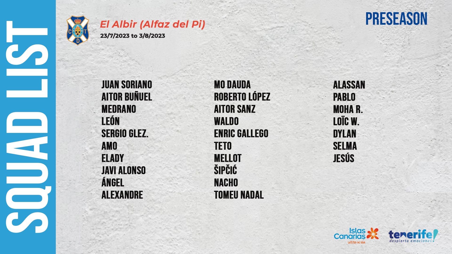 Convocatoria de 27 jugadores del CD Tenerife para el stage en El Albir