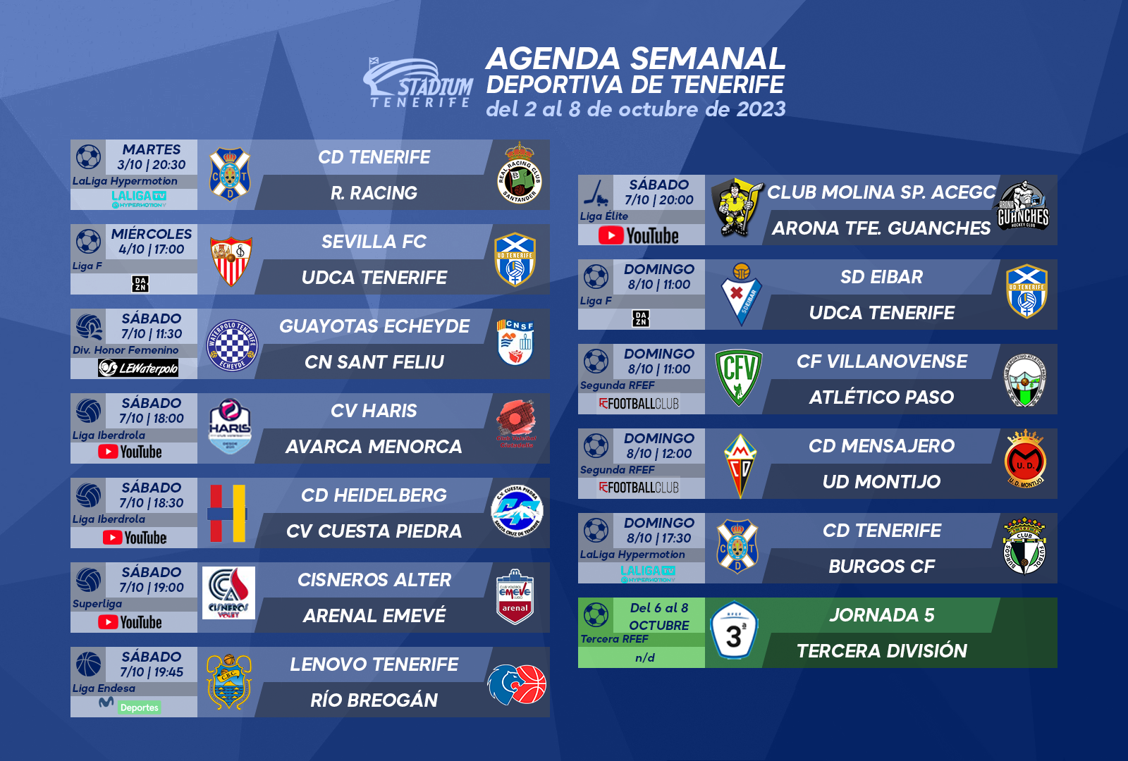 Agenda Semanal Deportiva de Tenerife (2 al 8 de octubre)