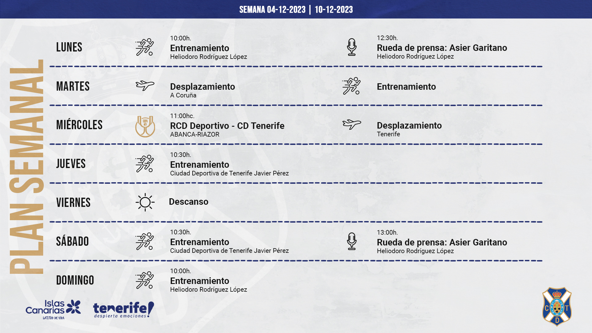 Plan semanal del CD Tenerife, con partidos de Copa y Liga